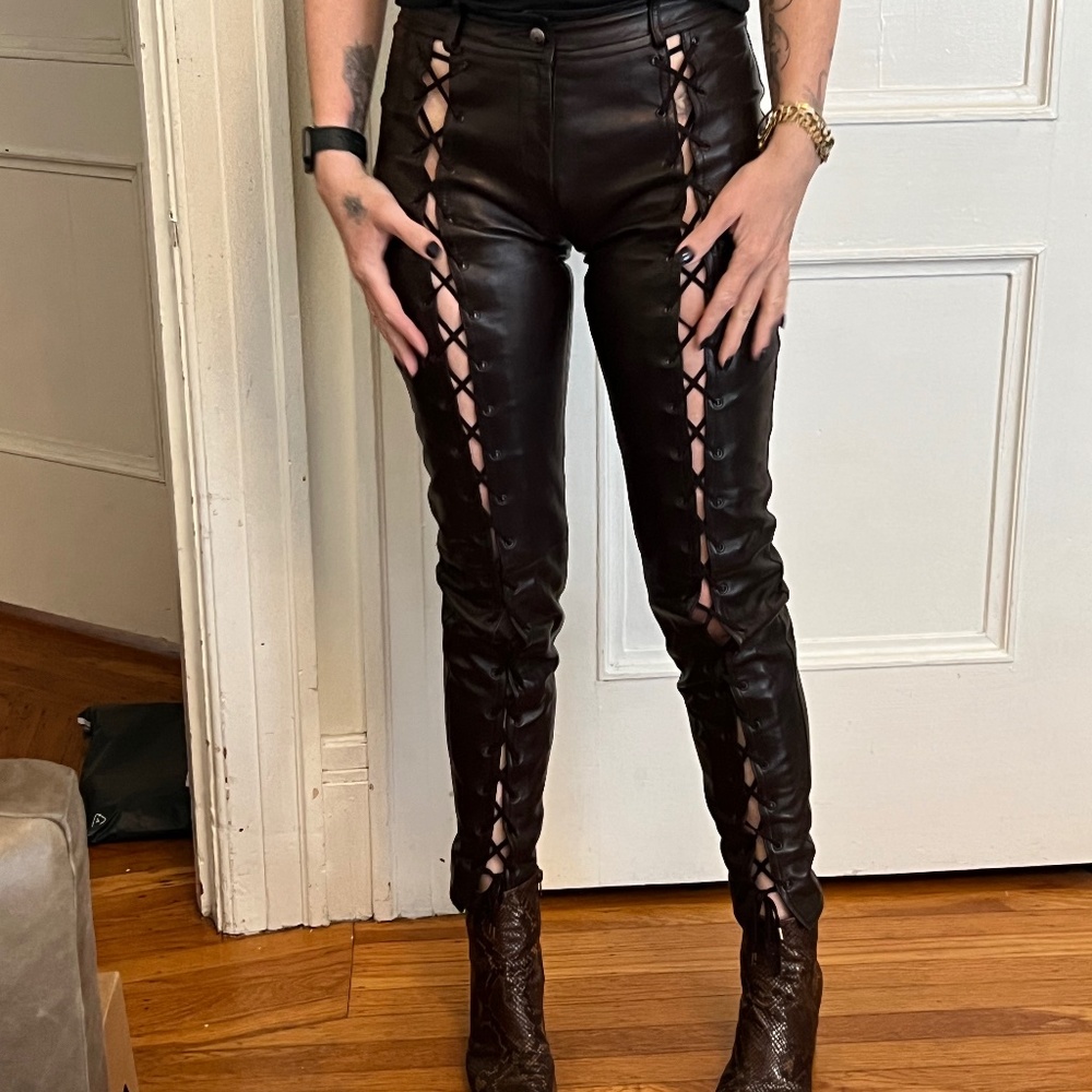 Christian Dior Chocolate Leather Lace Up pants